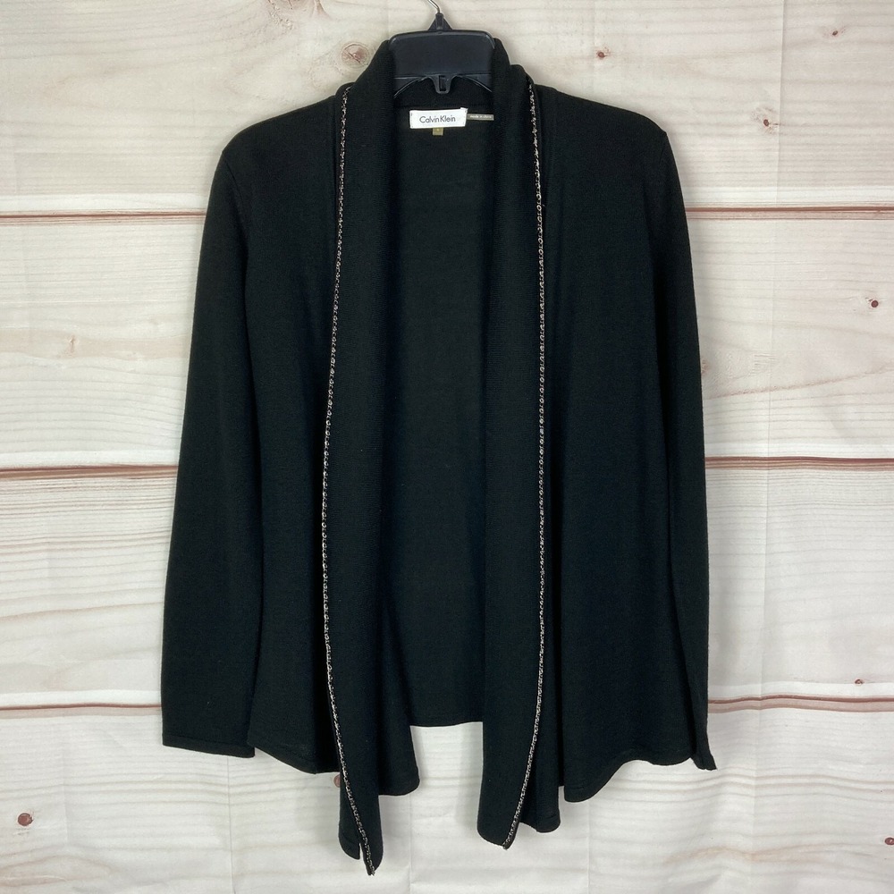 Calvin‎ Klein Sweater Womens S Black Wool Blend Shawl Collar Cardigan Chain Trim
